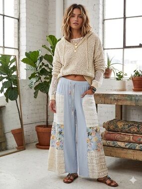 POL Ruffles of Bloom High Rise Cotton Wide Leg Blue Bottoms.